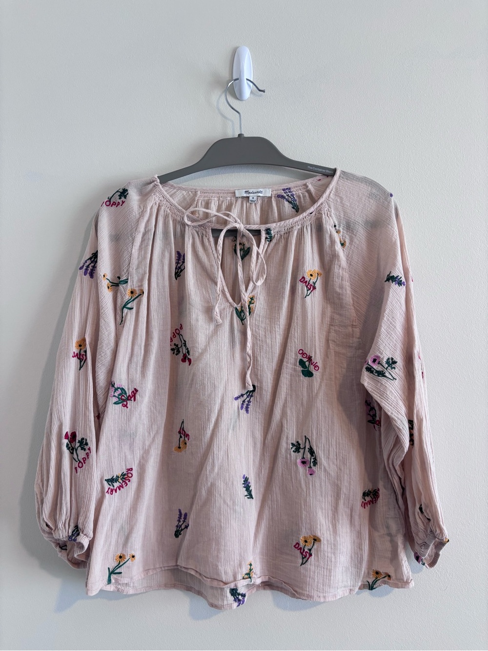 Madewell Blush Embroidered Tie-Neck Floral Blouse
